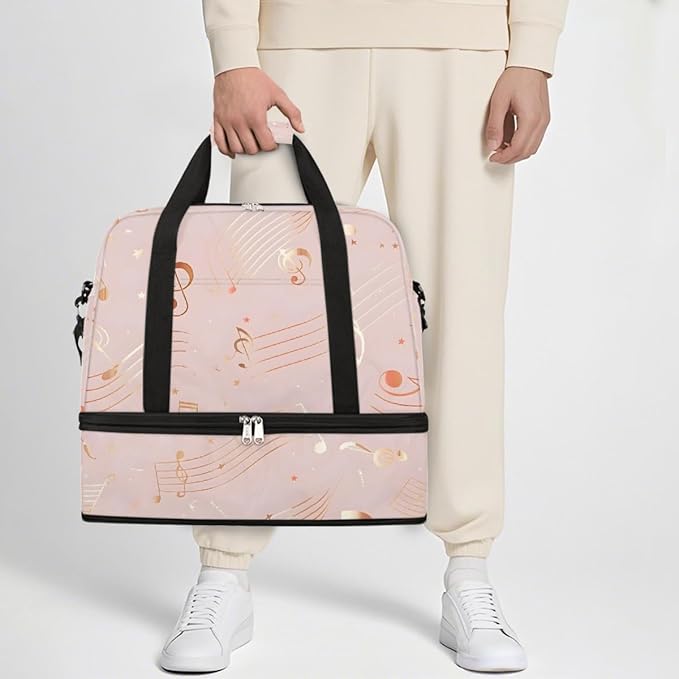Pink Gold Musical Note Large Weekender Bag with Shoe Compartment Travel Duffel Bags for Women Carry On Hospital Overnight Bag Foldable Personal Item Travel Bags Tote Gym Sports Airplanes