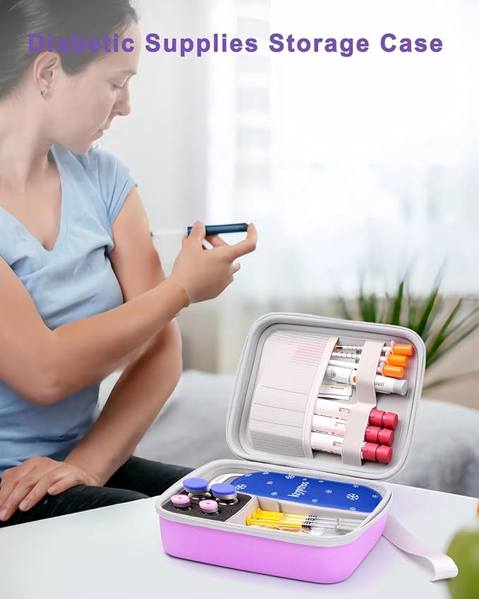 Krypthos Diabetic Supplies Travel Case, Portable Diabetes Organizer for Glucose Meter, Blood Sugar Test Strips Kit, Insulin Pens, Vials, Syringes, Lancing Device More with Adjustable Dividers (Violet)