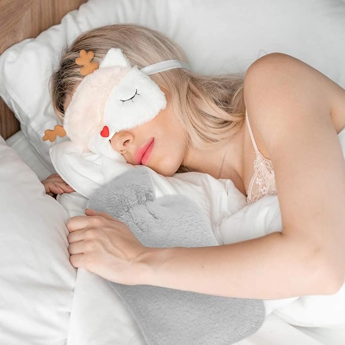 Cute Reindeer Plush Sleep Mask - Soft Fluffy Eye Cover Blindfold for Kids, Girls and Adults - Beige