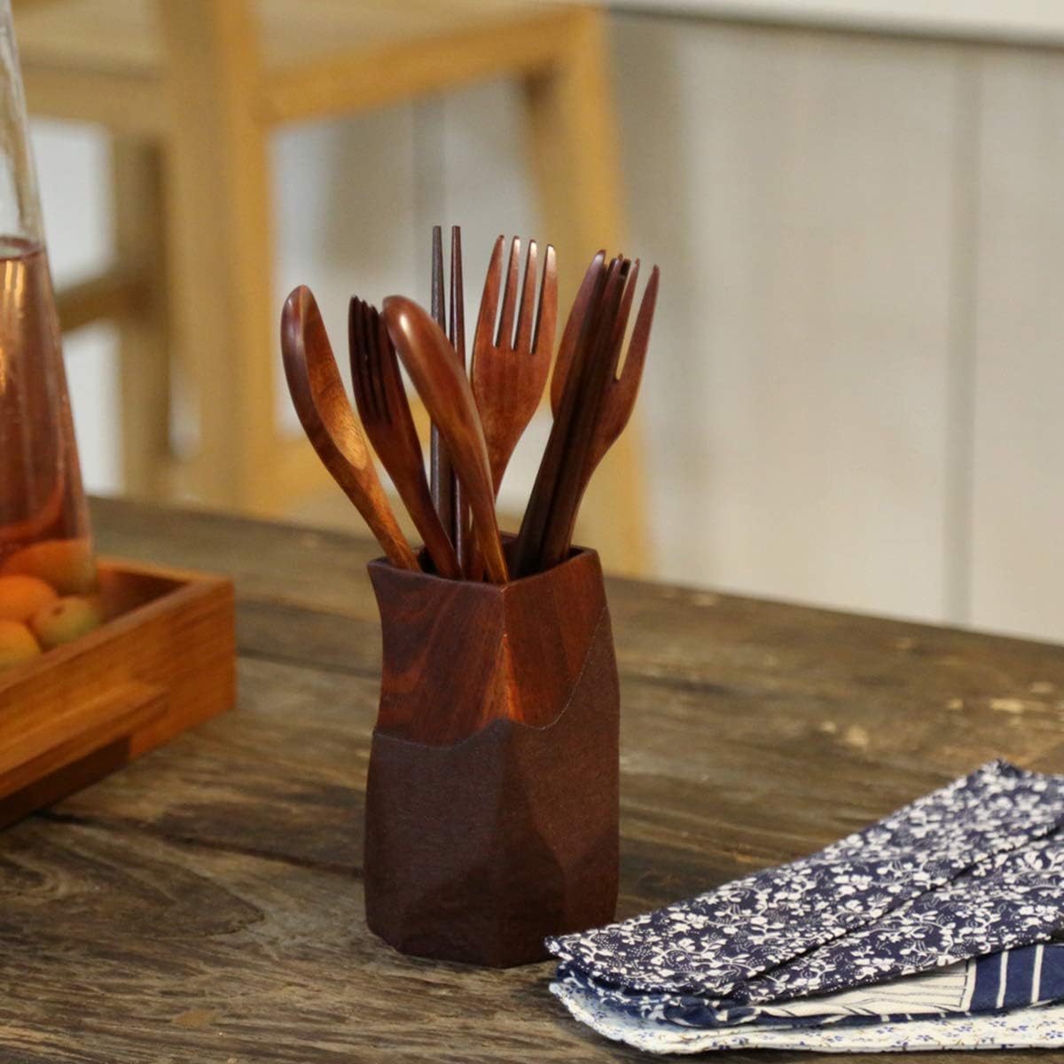 Wooden Chopsticks Spoon Fork Set Japanese Style Tableware Travel Utensils with Pouch for Camping,Picnic,Office or Home (Style A)