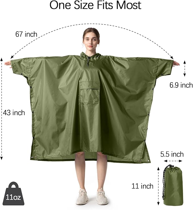 NUUR Rain Poncho for Women Adults Unisex Hooded Zipper Raincoat Waterproof Reusable Hiking Rain Coat with Pockets