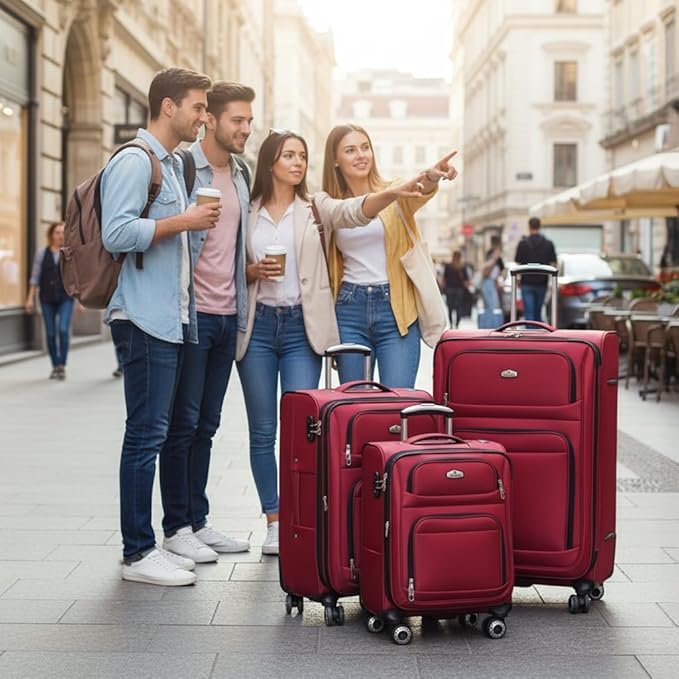 Softside Luggage Sets 3 Piece,Expandable Lightweight Durable Suitcase Sets Double Spinner Wheels w/Combination LOCK (20''/26''/30'')#Red
