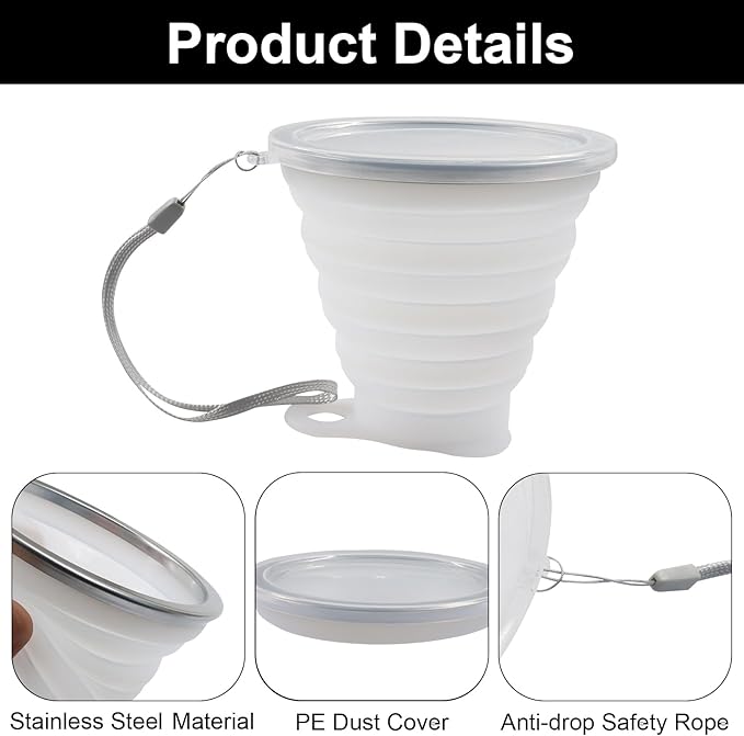 2 Pack Silicone Collapsible Cups for Camping Traveling, Small Portable Foldable Drinking Cup with Lid for Outdoor Hiking (270ml, Transparent/Gray)