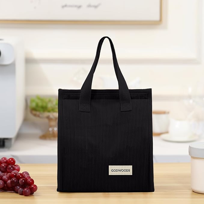 TELLUMO Corduroy Lunch Bag for Women Men Cute Lunch Bag Insulated Lunch Box with Large Capacity (7.5L) Reusable Lunchbag for Work, Picnic, Beach or Travel (S- Corduroy Black)