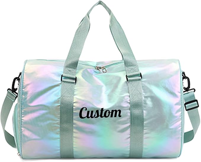 Personalized Holographic Gym Bag for Girls & Women, Custom Name Duffle Bag with Shoe Compartment & Wet Pocket, Weekender for Dance Cheer Travel (Green)