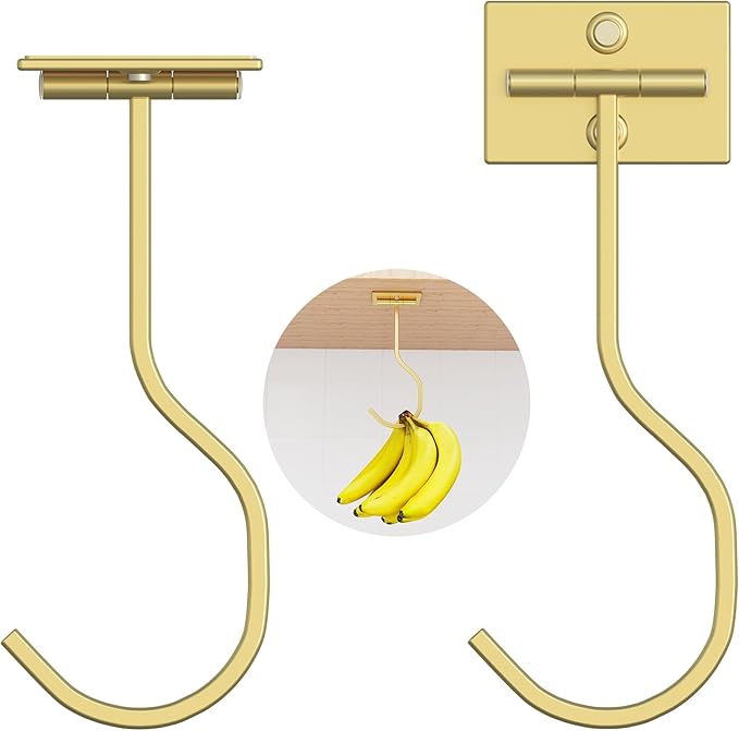 Adhesive Banana Hook Under Cabinet: 2-Pack Foldable Metal Banana Hanger, Space-Saving Under Counter Banana Holder for Kitchen & RV, Gold
