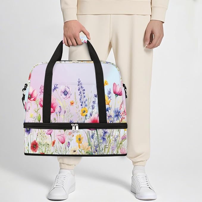 Pastel Flowers Large Weekender Bag with Shoe Compartment Travel Duffel Bags for Women Carry On Hospital Overnight Bag Foldable Personal Item Travel Bags Tote Gym Sports Airplanes