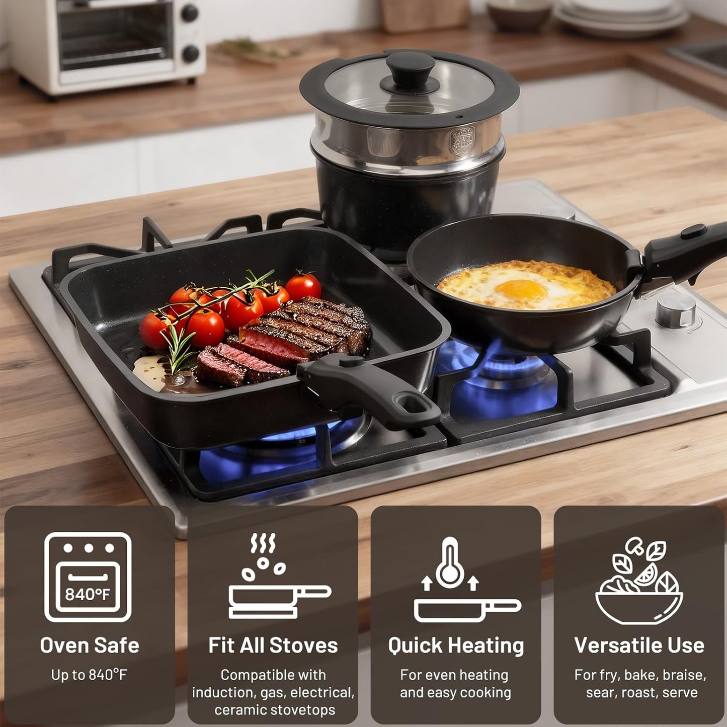 KIKCOIN Ceramic Nonstick Pots and Pans Set - Cookware Set with Detachable Handle - 25 Pack Stackable Cooking Set for RV Kitchen, with Frying Pans, Steamer - Induction/Dishwasher/Oven Safe, PFOA Free