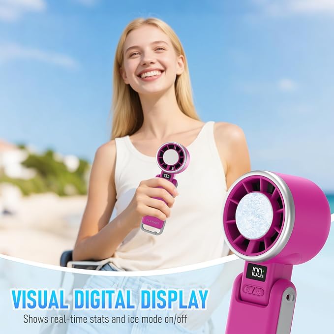 Portable Handheld Turbo Fan with Ice Cooling, Rechargeable Personal Fan, Up tp 12Hrs Cooling, 5 Speed 25550RPM Powerful Portable Fan for Travel, Outdoor, Camping, Hiking (Magenta)