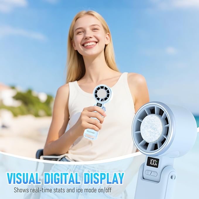 Upgraded Portable Handheld Fan with 60°F Ice Cooling, Up tp 12Hrs Personal Fans Portable Rechargeable, 5 Speed 25550RPM Powerful Portables Fan Handheld, Hand/Neck/Desk Fan 3 IN 1(Blue)