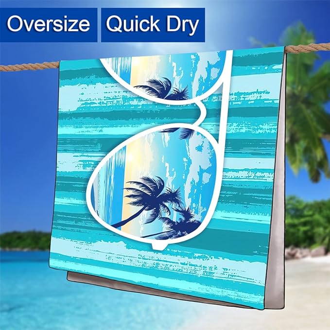 Tropical Blue Green Beach Towel 36"x72" Quick-Dry Sand-Free Palm Tree Pattern for Pool Camping