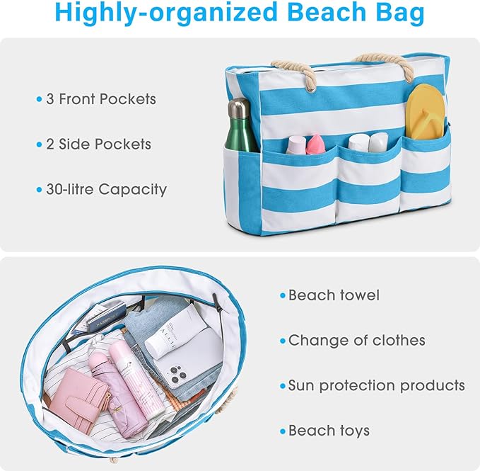 Becokan Beach Bags for Women Canvas Large Beach Tote Bag Zipper Waterproof Sandproof Foldable Swim Pool Bag with 7 Pockets