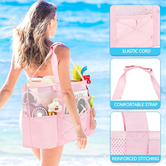 Mesh Beach Bag, Large Beach Tote with Zipper Pocket, Toys Pool Bag for Family Travel Vacation Cruise Essentials