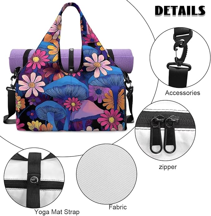 Womens Duffle Bag with Shoes Compartment, Mushroom Workout Bag with Yoga Mat Holder, Wet Pocket, Carrying Function Gym Bags for Yoga Pilates Swimming