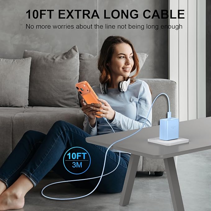 Phone 17 16 Pro Max Charger Fast Charging, 45W USB C Phone 17 16 Super Fast Charger Block with 10ft Long Type C Charging Cable Cord for i.Phone 17 Pro Max/17 Pro/17 Air/17/16/16Pro/ProMax-White+Blue