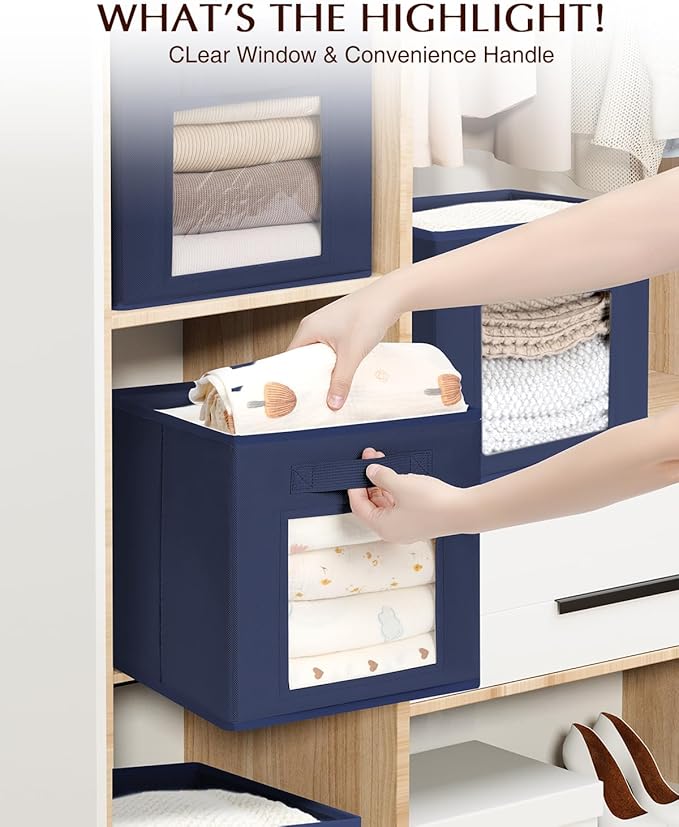 Storage Cube 11 Inch - Cube Storage Bins with Window, Closet Storage Baskets with Handle, Fabric Bins for Closet, Shelves, Toys, Clothes, Set of 6, Navy Blue