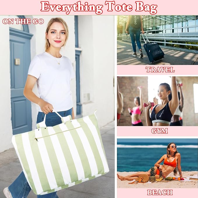 Large Canvas Beach Bag for Women, Beach Bags Waterproof Sandproof with Zipper & Wet Bag Cruise Essentials