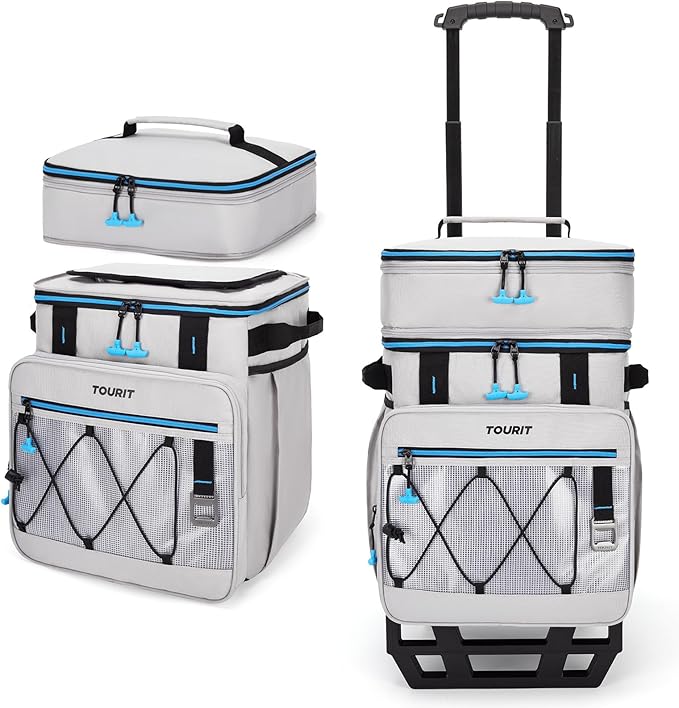 TOURIT 75 Can Insulated Rolling Cooler, Detachable Double Deck Beach Cooler with Wheels, Collapsible Soft Sided Cooler Bag for Beach, Camping, Picnic, Travel, Shopping