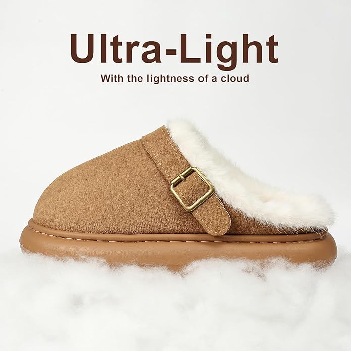 Close Toe Slip On Cotton Slippers with Breathable Faux Fur Memory Foam House Slippers for Women Warm Fuzzy Indoor Slippers with Non-Slip Rubber Sole