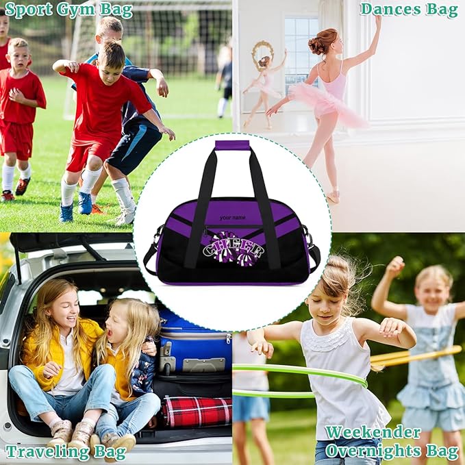 Custom Name Black Purple Cheerleading Squad Gym Travel Duffle Bag with Front Zipper Pocket Personalizedfor Sports Bag for Overnight, Weekender, Carry On,Workout & Dance, 18.9 * 8.7 * 10.6 in