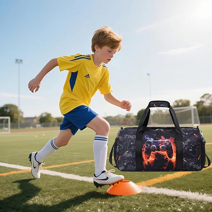 Kids Duffle Bag For Boys Overnight Travel Bag Sport Gym Bag With Shoes Compartment Dry And Wet Pocket Carry On Weekender Bag (Red Flame Game)