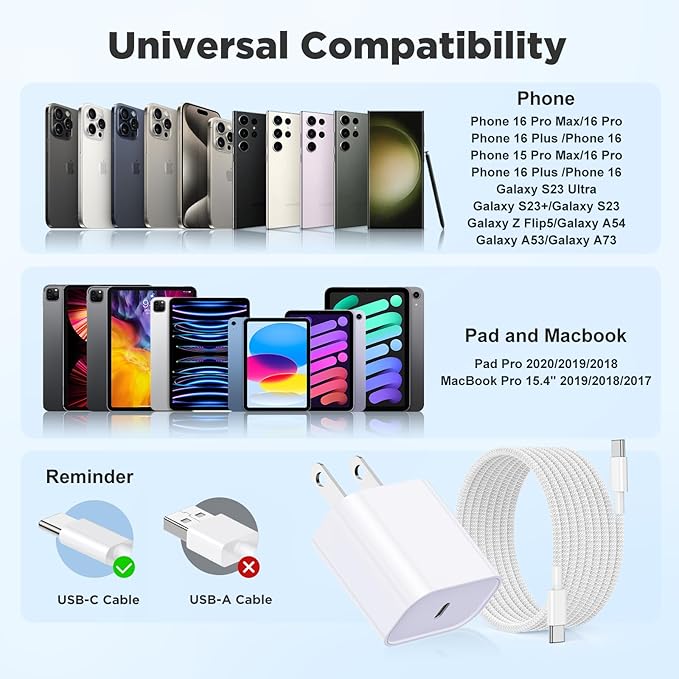 Fast Charging for iPhone 15 16 Pro Max Charger Colorful, 3Pack 20W USB C Fast Chargers Block with 6/6/10ft Long USB C to C Braided Cable Compatible with iPhone 16/15 Pro/15 Plus/iPad Pro 13/12.9,White