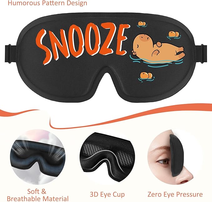 Funny 3D Zero Pressure Sleep Eye Mask for Men Women Side Sleeper, Adjustable Blackout Soft Breathable Eye Masks for Travel Nap Night Sleep, Humorous Gift Stocking Stuffers (Snooze)