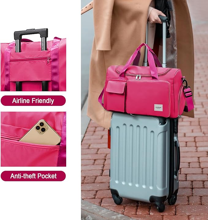 WOOMADA Foldable Travel Duffel Bag with Shoes Compartment, Overnight Bag with Wet Pocket & Trolley Sleeve, Weekender Bags for Women(A-rose red)