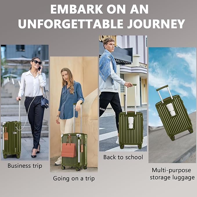 Joyway Luggage Sets 3 Piece, Expandable Suitcase with Smart Cup Holder and USB Port, Hardside Carry On Checked with TSA Lock Spinner Double Wheels, DarkGreen
