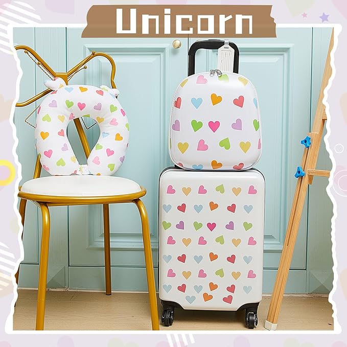 Sanwuta 4 Pcs Kids Luggage Set Rolling Suitcase Backpack U-shaped Pillow Kids Carry On Gift for Summer Travel Family Trip(17 Inch,Heart Style,White)