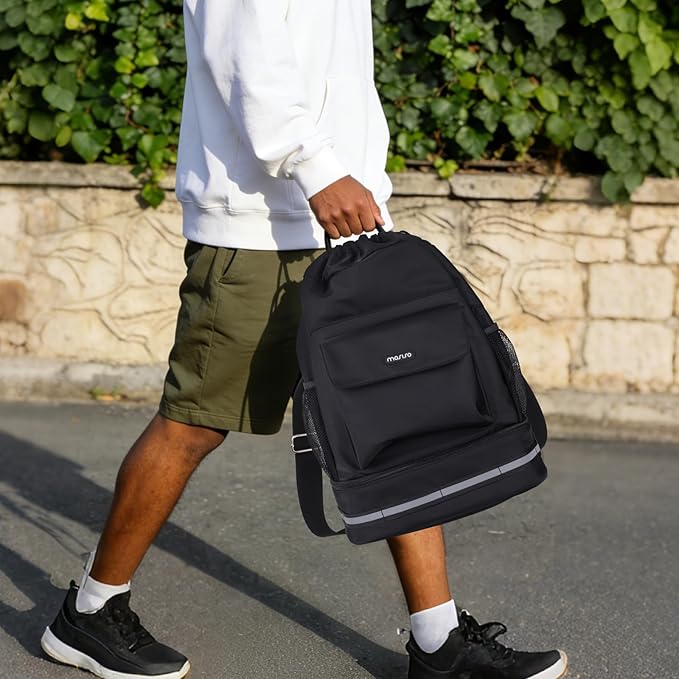 MOSISO Gym Bag for Women Men, Sports Drawstring Backpack with Shoes Compartmentt&Front Pocket, Travel Duffle Fitness Bag for Travel, Sports, Yoga, Black