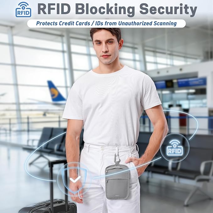 RFID Hidden Travel Wallet Belt Wallet – Large Capacity Passport Holder & Hidden Money Pouch, 3-Zone Organizer Anti-Theft Waist Wallet with Dual Clip Belt & Carabiner