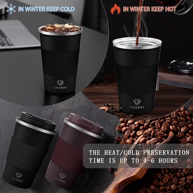 CS COSDDI 12 oz Stainless Steel Vacuum Insulated Tumbler - Coffee Travel Mug Spill Proof with Lid - coffee Cup for Keep Hot/Ice Coffee,Tea and Beer (3rd Black)