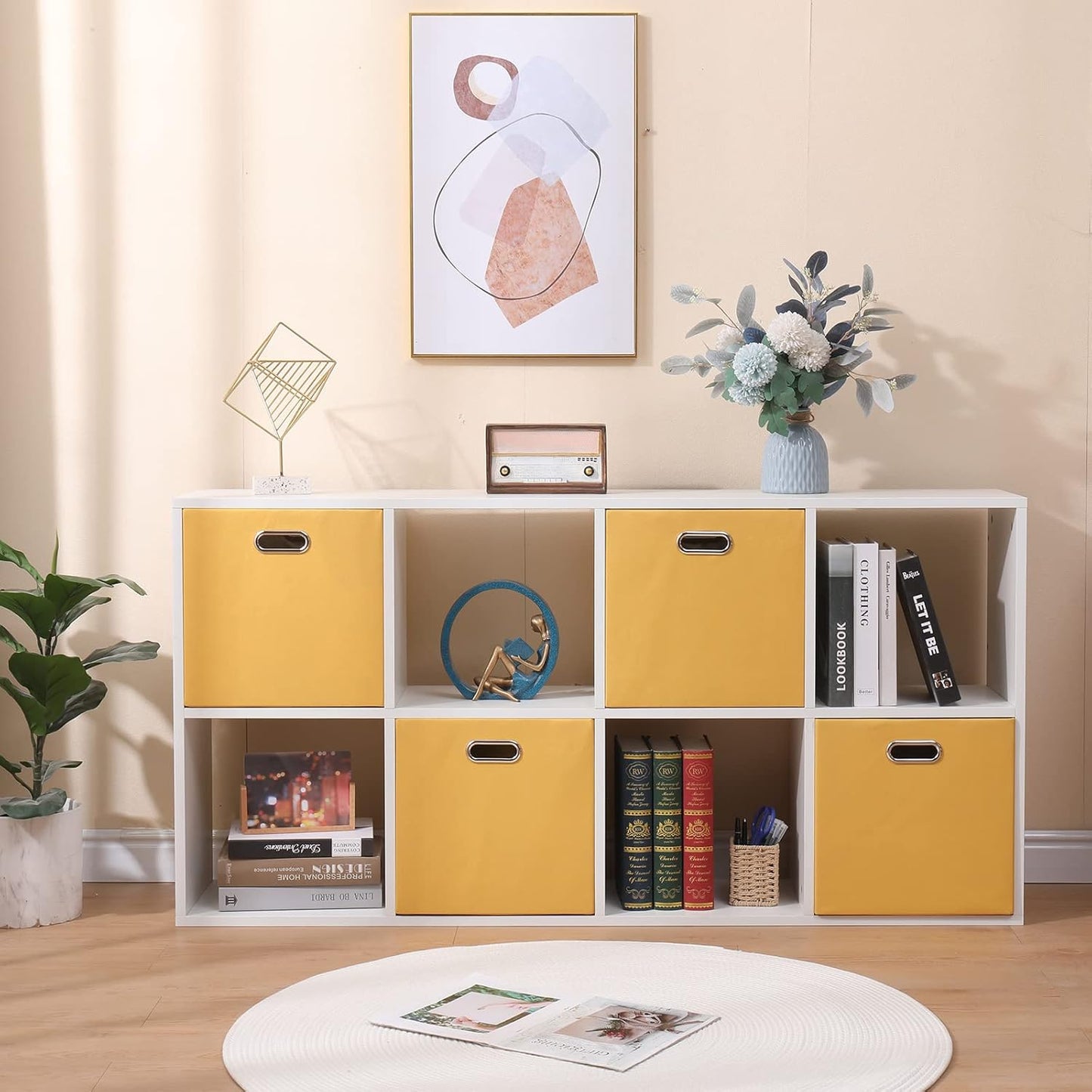 Cube Storage Bins 13×13x13 Inch, 4 Pack Collapsible Linen Fabric Storage Cubes with Handles, Thick Heavy Duty Storage Baskets for Shelves Kallax Bedroom Dormitory Toy Clothes, Yellow