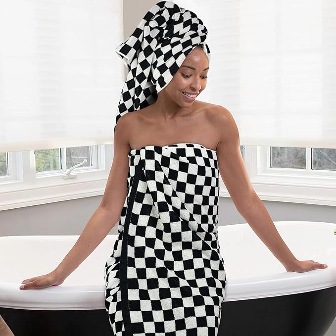 Jacquotha Black & White Checkered Cotton Bath Towels Set of 2 - Cute Aesthetic Towels for Bathroom Decor, Pool, Beach, Spa, 27.5" x 55"
