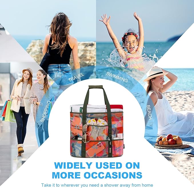 KABAQOO Mesh Beach Bag, Extra Large Beach Bags with 9 Pockets & Zipper Waterproof Lightweight Beach Tote for Beach/Pool Trip | Extra Large, 9 Pockets, Zipper, Waterproof, Lightweight, Beach/Pool Trip