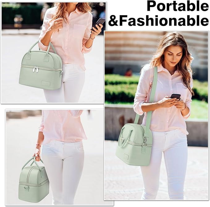 BALORAY Lunch Bag for Women Men, Double Deck Lunch Box for Adults, PU Leather Lunch Tote Bag Insulated Lunch Bags with Strap for Work Office Picnic(Green with strap)
