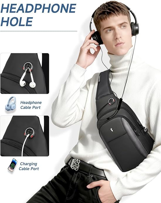 Anti-Theft Sling Bag for Men, Water Resistant Crossbody Backpack, Travel Hiking Chest Pack Fits iPad Mini & Switch 2 | lightweight, Built-in Audio Port, Reversible Strap, Tough & Splashproof, Versatile Daypack, mens crossbody bag