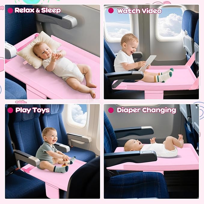 omzer Toddler Airplane Bed - Airplane Seat Extender for Kids - Barrier Designed Flyaway Kids Bed Airplane with Pockets - Portable Plane Bed Foot Rest for Flights Travel Essentials Pink