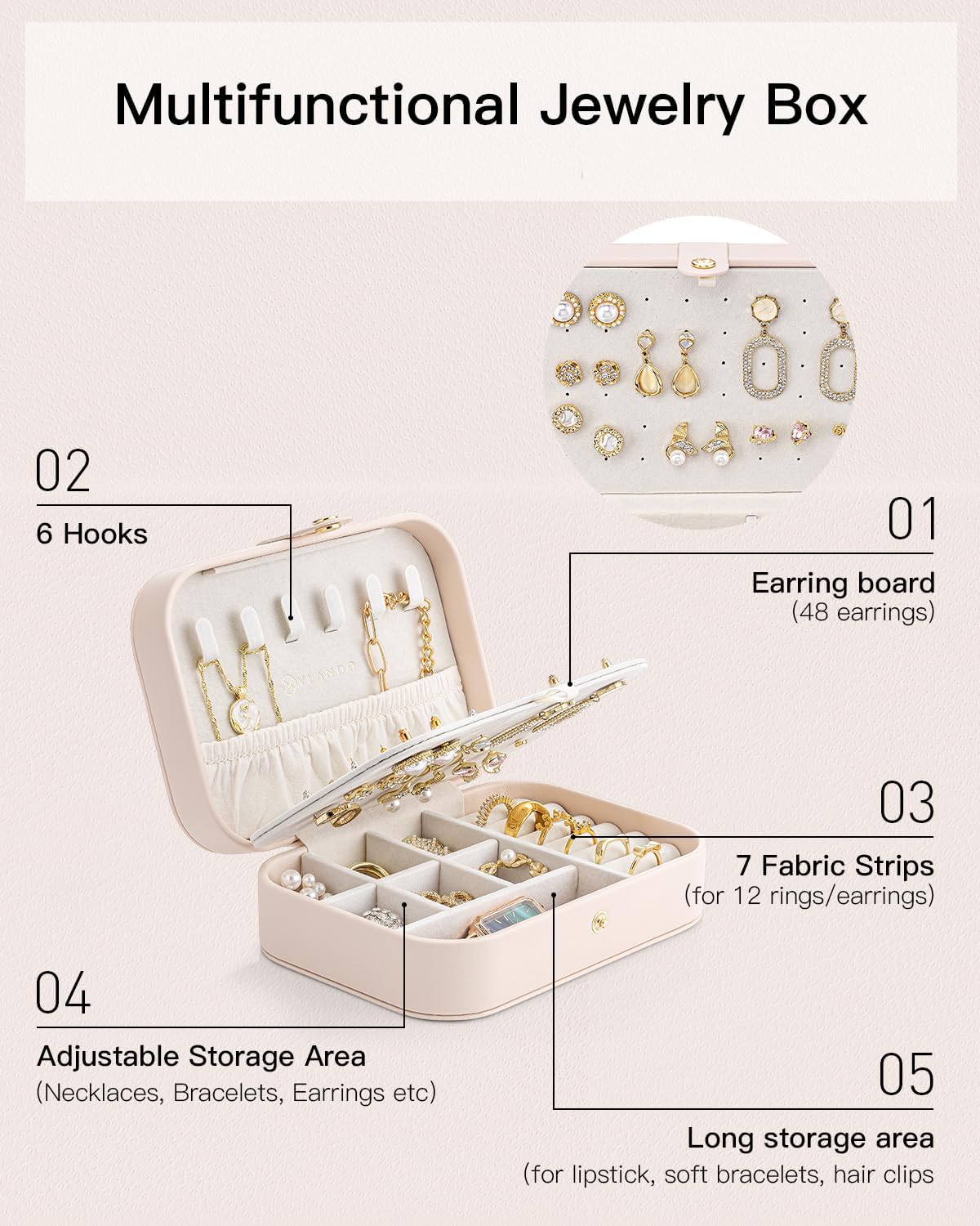 Vlando Travel Jewelry Case, PU Leather Travel Jewelry Box with Earring Holder, Portable Display Small Jewelry Box for Mothers Day Women Girls Gift - Pink