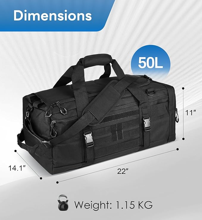 Hannibal Tactical 50L Large Duffle Bag, 3-in-1 Tactical Backpack MOLLE Pack for Sports/Gym/Outdoor, Black
