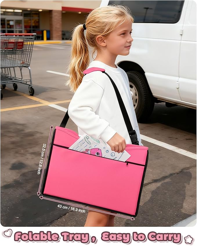 Leather Kids Travel Tray for Car - Car Seat Tray for Kids Travel, Road Trip Essentials, Carseat Table for Roadtrip Activities - Must Have Toddler Lap Desk Organizer for Airplane (Pink)