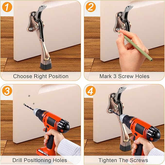 Kickdown Door Stopper 4 Inches - 2 Packs One Touch Adjustable Height Door Stop for The Bottom of Door Aluminum Alloy Metal Door Stopper with Rubber Tip & Wall Protectors for Wide Doors Bronze