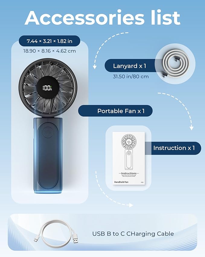 Handheld Fan, Portable Fan, 4000mAh Rechargeable Personal, 180° Foldable Mini Desk Fan with 6 Wind Speed, LCD Digital Display, Lanyard as Neck, Ultra Quiet, Pocket Size for Indoor Outdoor