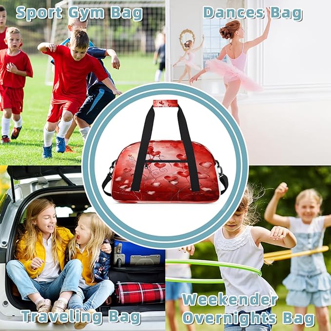 Red Heart Floral Pattern Sports Duffel Bags, Water-Resistant Gym Duffle Bag for Men Women, Lightweight Weekender Overnight Bag for Fitness, Workout, Travel