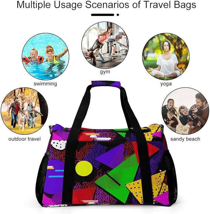 80s Triangles Circles Duffle Bag Gym Bag for Workout Travel Tote with Detachable Straps