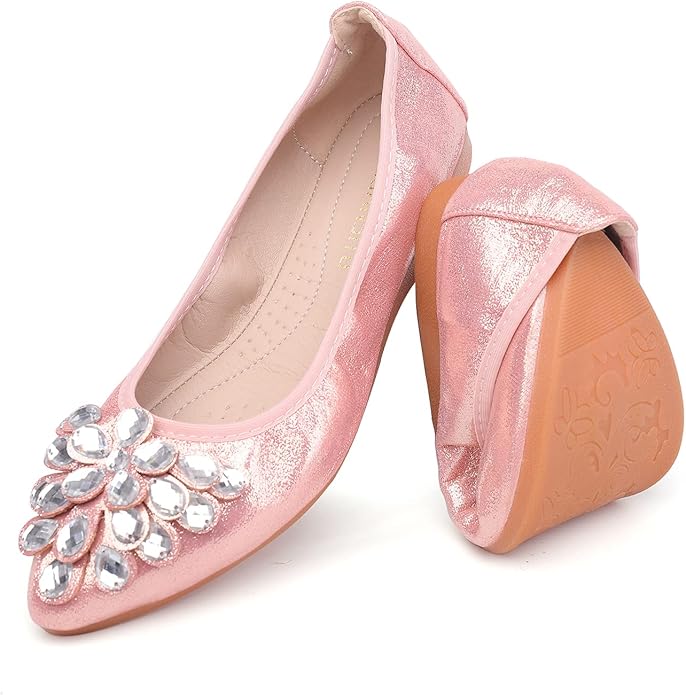 Flats Shoes for Women Rhinestone Wedding Ballerina Shoes Foldable Sparkly Comfort Slip on Flat Dressy Flats
