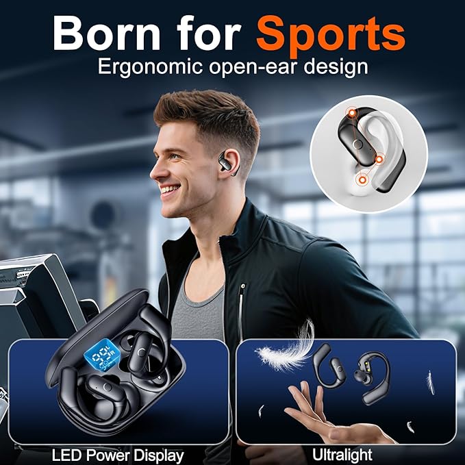 kurdene Active Noise Cancelling Wireless Earbuds Bluetooth Headphones for Sport, Digital Display, 66H Playtime, Deep Bass Sound Ear Buds, Open-Ear Secure Fit for Running, Workout-Black