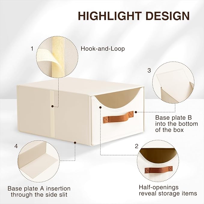 Stackable Storage Drawers - Collapsible Storage Bins with Drawers, 4 Pack Closet Shelf Organizer Basket, Fabric Pull Out Organizer for Bedroom, Living Room, Dorm, Beige