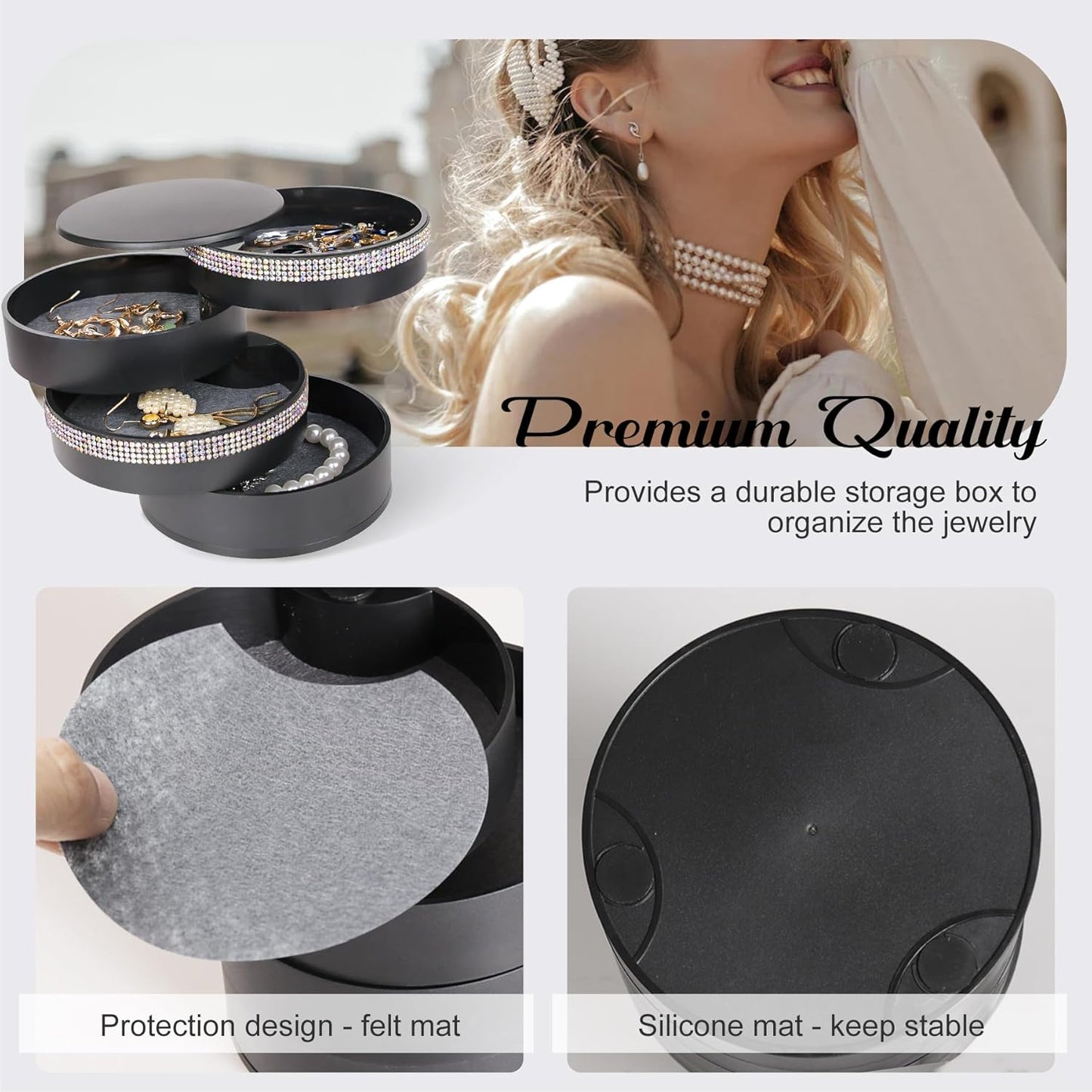 CONBOLA Jewelry Holder Organizer, Christmas Gifts Ideas for Women, Small Jewelry Storage Box Earring Holder, 5-Layer Rotating Jewelry Storage Tray with Lid for Bracelets Rings Bracelets